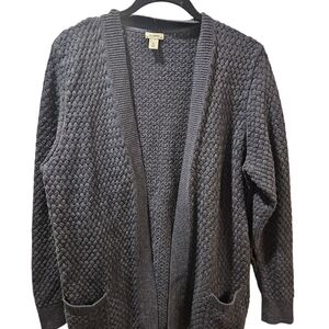 LL Bean 100% cotton textured honeycomb knit open cardigan in dark blue.